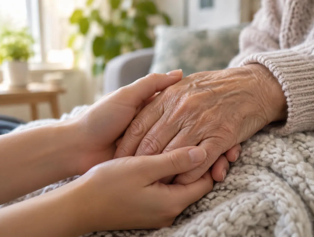 Eine jüngere Hand hält fürsorglich die Hand einer älteren Person