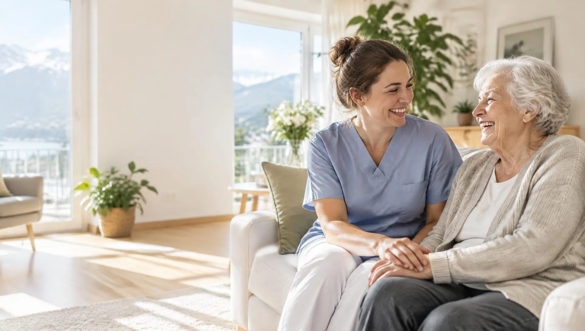 Eine Pflegefachperson sitzt lachend neben einer älteren Dame im hellen Wohnzimmer und hält ihre Hand