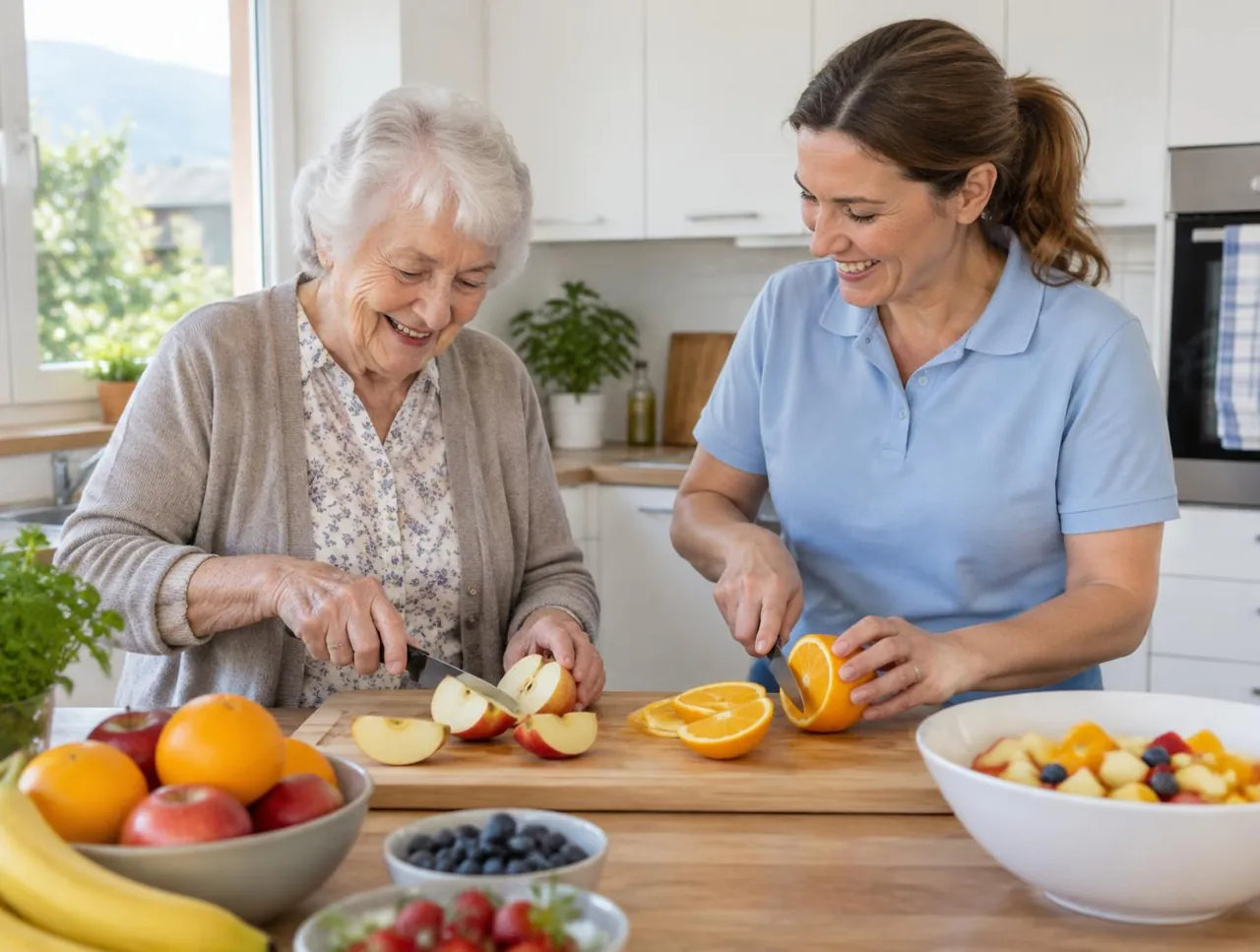 Eine Betreuerin und eine ältere Dame schneiden gemeinsam Obst